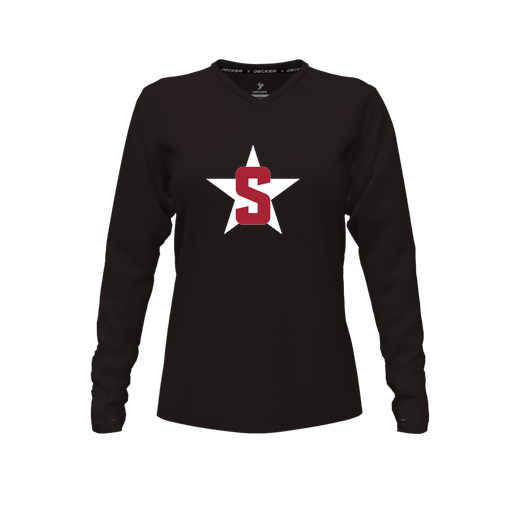 [CUS-DFW-TEES-CMF-VNK-LSL-BLK-FYXS-LOGO2] Decker Comfort T-Shirt (Female Youth XS, Black, V Neck, Logo 2, Long Sleeve)