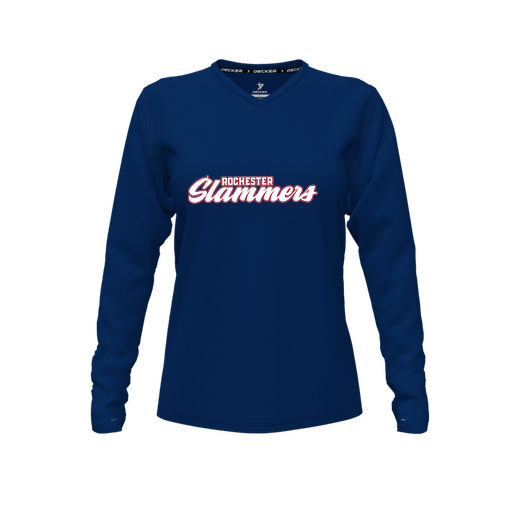 [CUS-DFW-TEES-CMF-VNK-LSL-NVY-FYXS-LOGO1] Decker Comfort T-Shirt (Female Youth XS, Navy, V Neck, Logo 1, Long Sleeve)
