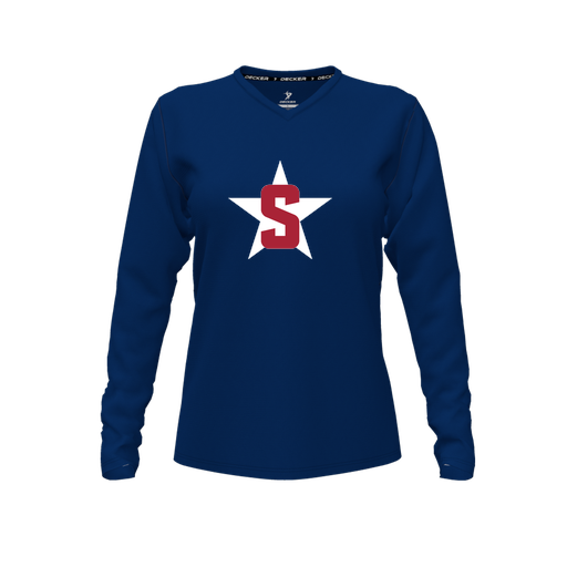 [CUS-DFW-TEES-PER-VNK-LSL-NVY-FYXS-LOGO2] Decker Performance T-Shirt (Female Youth XS, Navy, V Neck, Logo 2, Long Sleeve)
