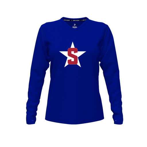 [CUS-DFW-TEES-PER-VNK-LSL-RYL-FYXS-LOGO2] Decker Performance T-Shirt (Female Youth XS, Royal, V Neck, Logo 2, Long Sleeve)