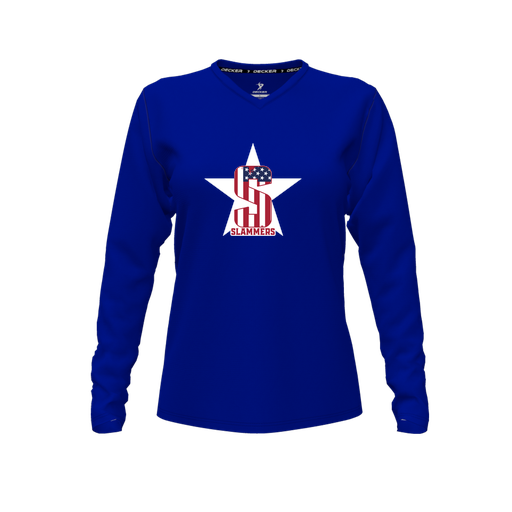 [CUS-DFW-TEES-PER-VNK-LSL-RYL-FYXS-LOGO3] Decker Performance T-Shirt (Female Youth XS, Royal, V Neck, Logo 3, Long Sleeve)