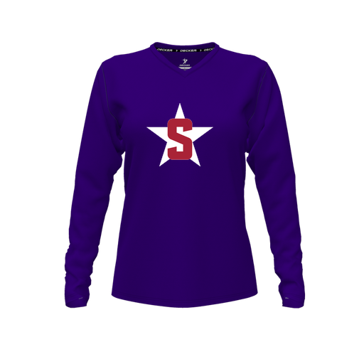 [CUS-DFW-TEES-PER-VNK-LSL-PUR-FYXS-LOGO2] Decker Performance T-Shirt (Female Youth XS, Purple, V Neck, Logo 2, Long Sleeve)