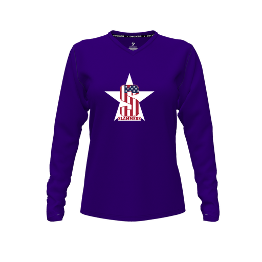 [CUS-DFW-TEES-PER-VNK-LSL-PUR-FYXS-LOGO3] Decker Performance T-Shirt (Female Youth XS, Purple, V Neck, Logo 3, Long Sleeve)