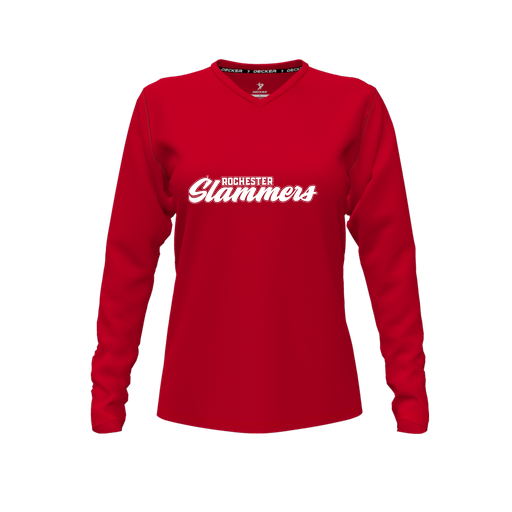 [CUS-DFW-TEES-CMF-VNK-LSL-RED-FYXS-LOGO1] Decker Comfort T-Shirt (Female Youth XS, Red, V Neck, Logo 1, Long Sleeve)
