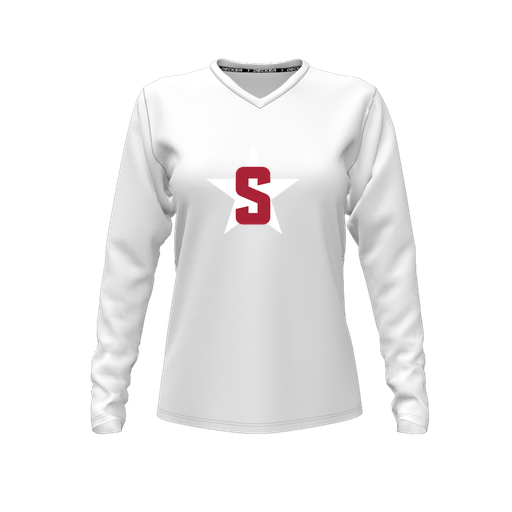 [CUS-DFW-TEES-PER-VNK-LSL-WHT-FYXS-LOGO2] Decker Performance T-Shirt (Female Youth XS, White, V Neck, Logo 2, Long Sleeve)
