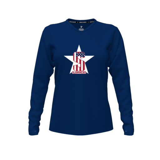 [CUS-DFW-TEES-PER-VNK-LSL-NVY-FYXS-LOGO3] Decker Performance T-Shirt (Female Youth XS, Navy, V Neck, Logo 3, Long Sleeve)