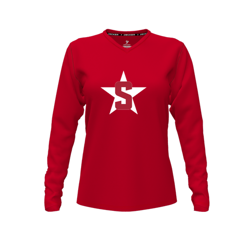 [CUS-DFW-TEES-PER-VNK-LSL-RED-FYXS-LOGO2] Decker Performance T-Shirt (Female Youth XS, Red, V Neck, Logo 2, Long Sleeve)