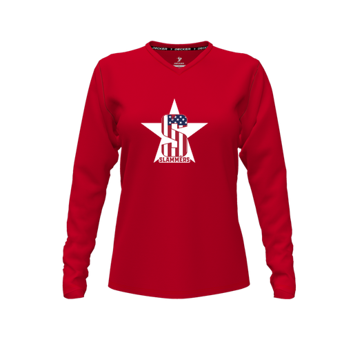 [CUS-DFW-TEES-PER-VNK-LSL-RED-FYXS-LOGO3] Performance T-Shirt (Female Youth XS, Red, V Neck, Logo 3, Long Sleeve)